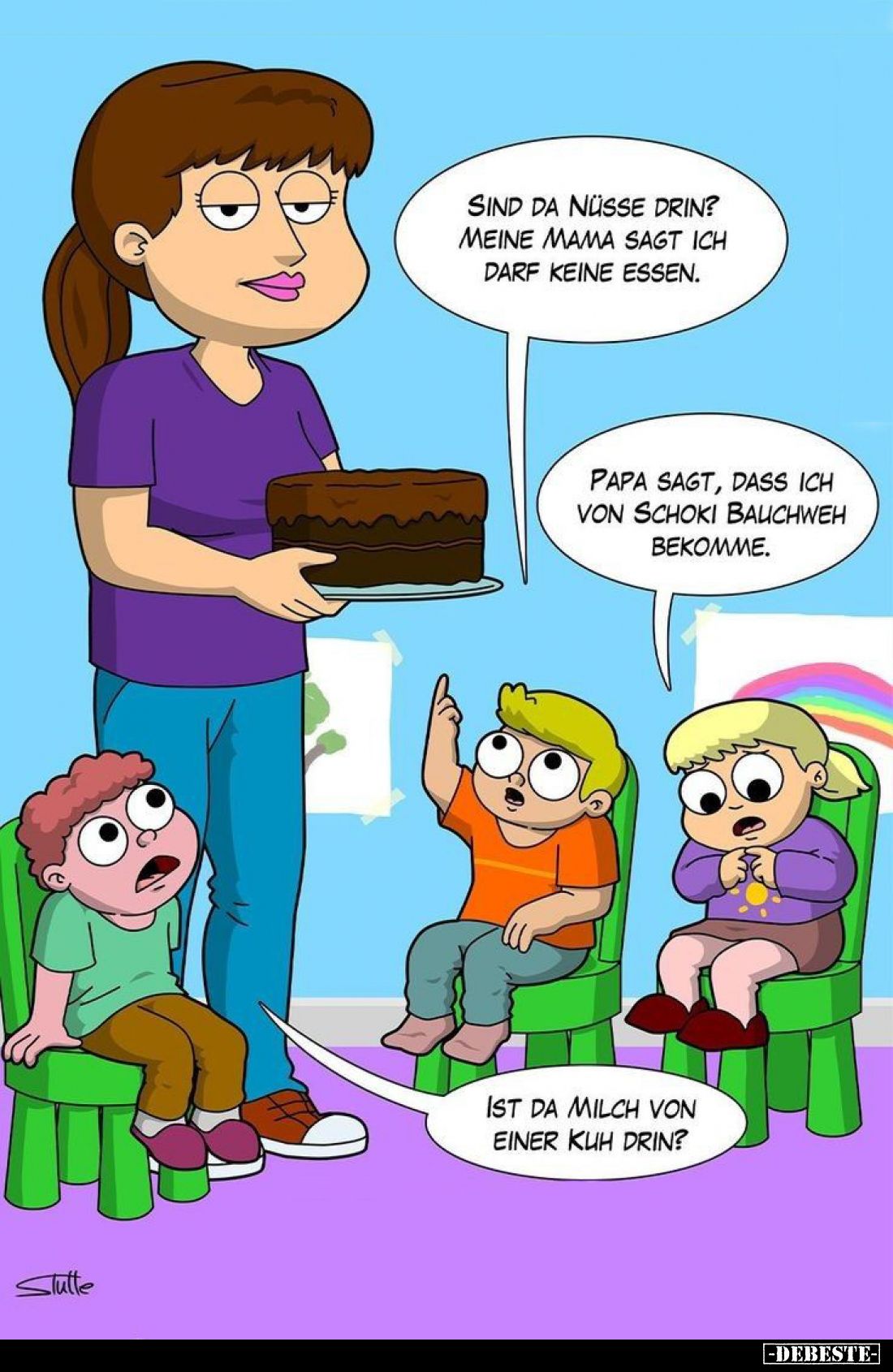 Sind da Nüsse drin? Meine Mama sagt ich darf keine Essen.
- Papa sagt, dass ich von Schoki Bauchweh bekomme. - Ist da Milch ...