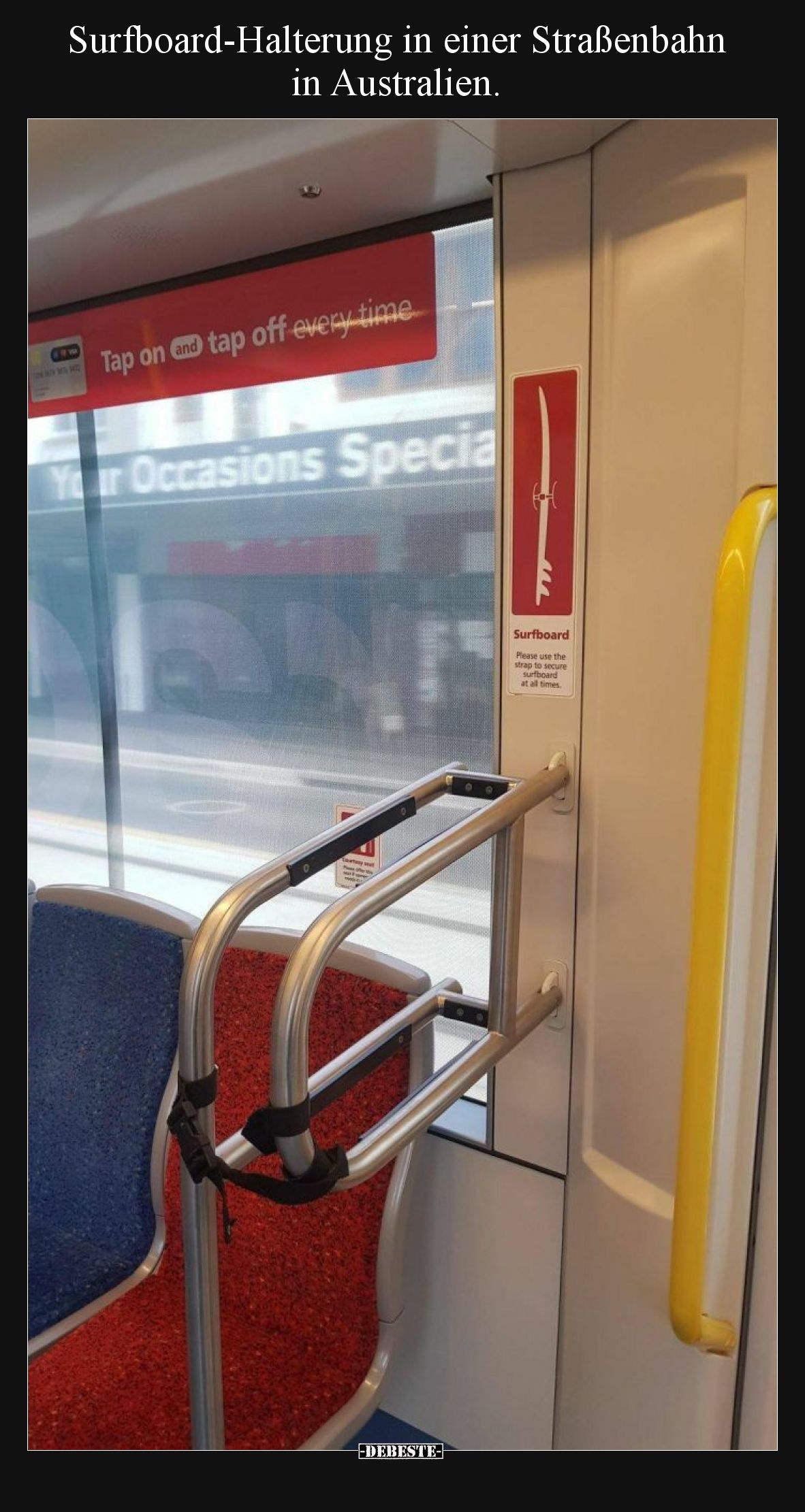 Surfboard-Halterung in einer Straßenbahn in Australien.