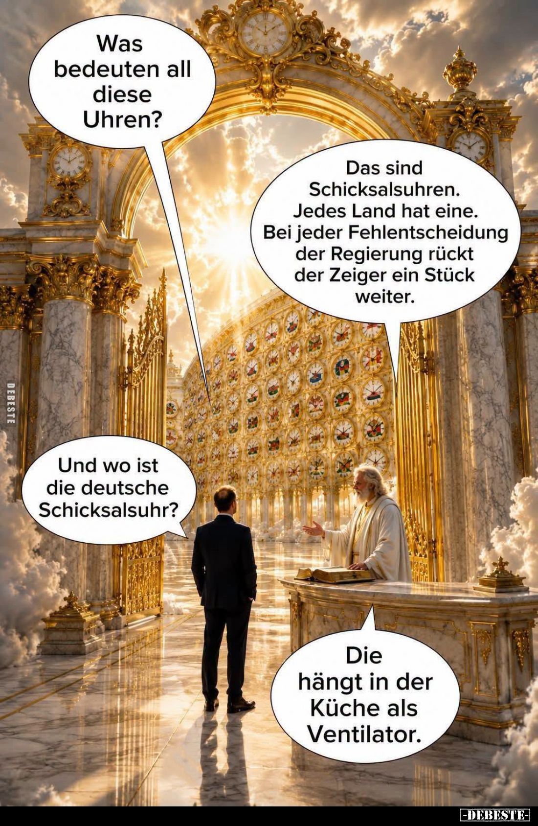 Was bedeuten all diese Uhren?
-
Das sind Schicksalsuhren. Jedes Land hat eine. Bei jeder Fehlentscheidung der Regierung rüc...