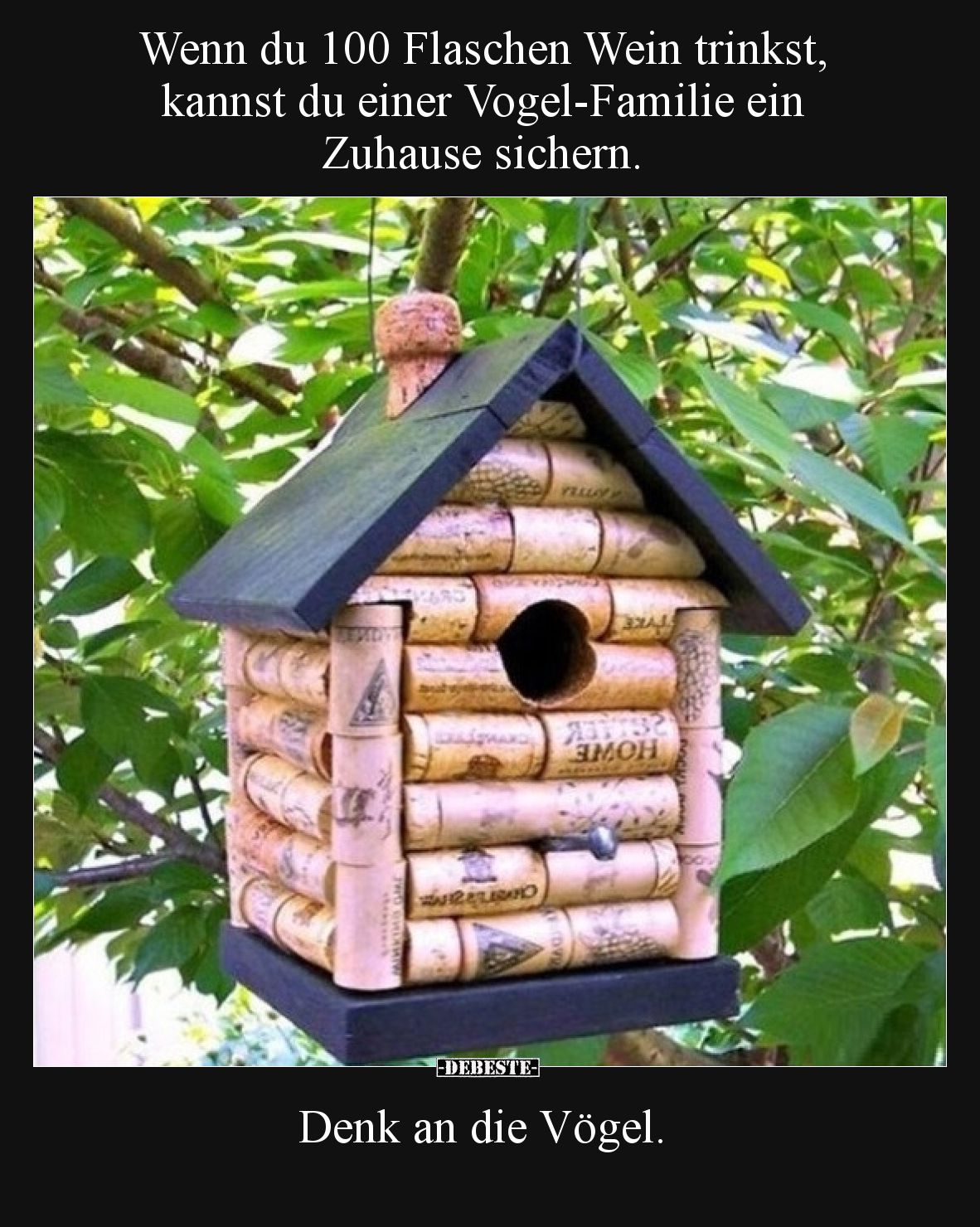 Wenn du 100 Flaschen Wein trinkst, kannst du einer Vogel-Familie ein Zuhause sichern.  Denk an die Vögel.