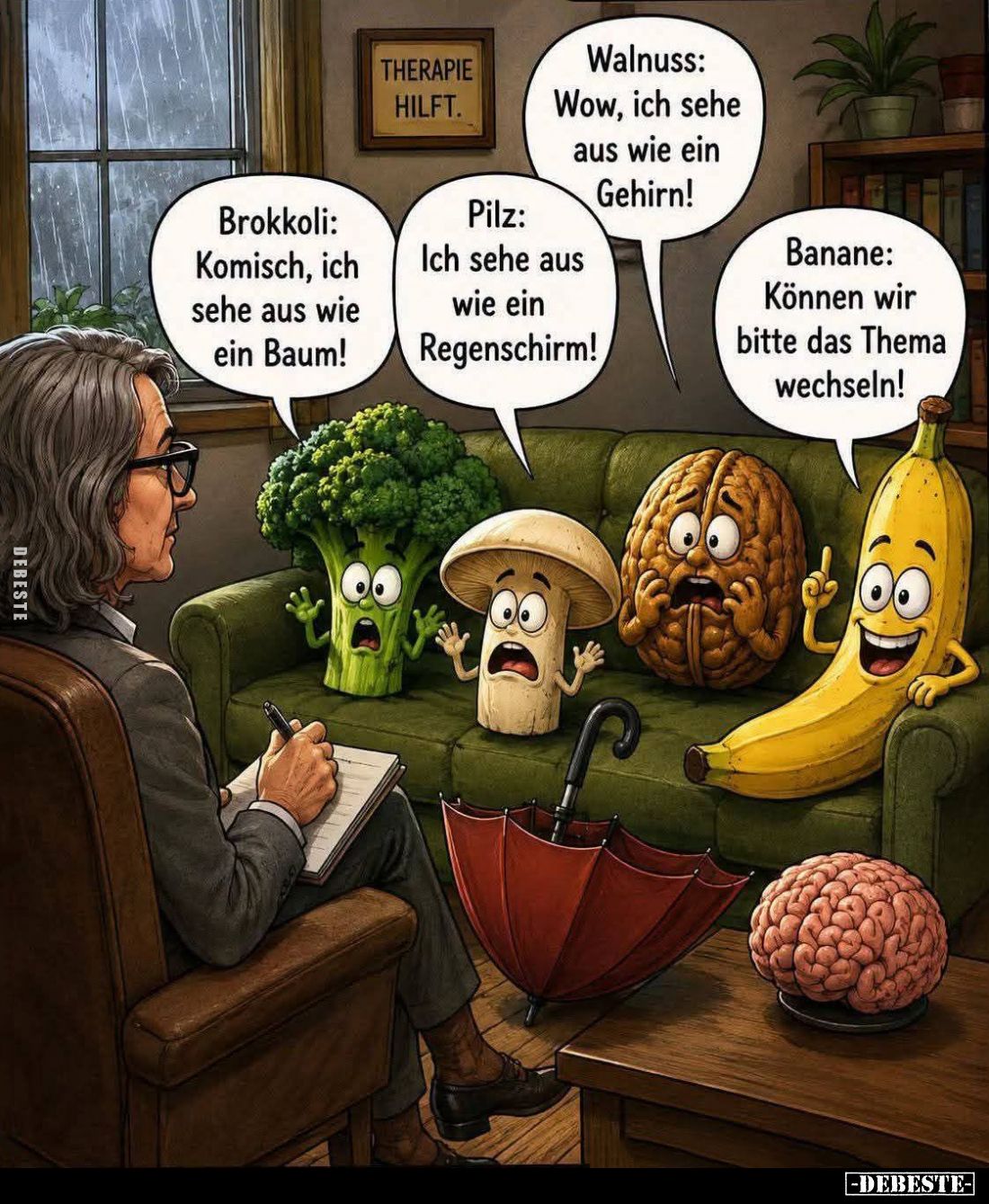 Brokkoli: Komisch, ich sehe aus wie ein Baum! -
Pilz: Ich sehe aus wie ein Regenschirm! - Walnuss: Wow, ich sehe aus wie ein...