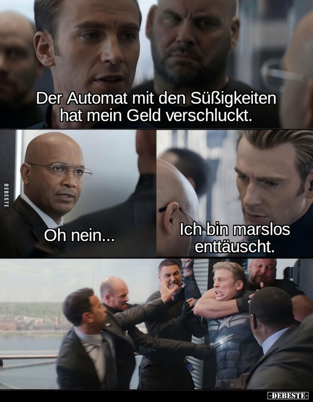 Der Automat mit den Süßigkeiten hat mein Geld verschluckt.
Oh nein...
Ich bin marslos enttäuscht.
