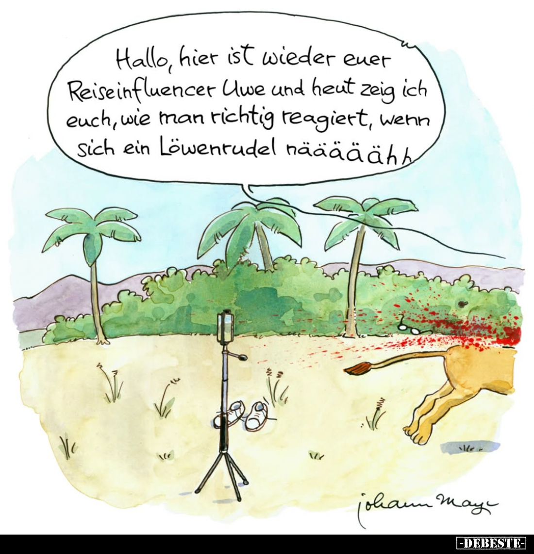 Hallo, hier ist wieder euer Reiseinfluencer Uwe und heut zeig ich euch, wie man richtig reagiert, wenn Sich ein Löwentudel nä...