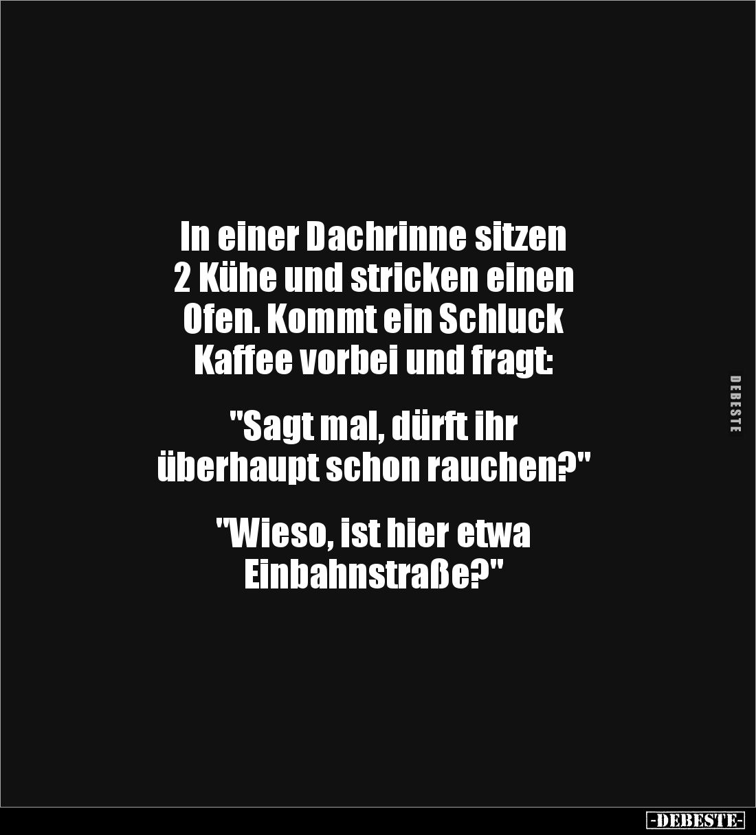 In einer Dachrinne sitzen 
2 Kühe und stricken einen 
Ofen. Kommt ein Schluck 
Kaffee vorbei und fragt: 


"Sagt m...