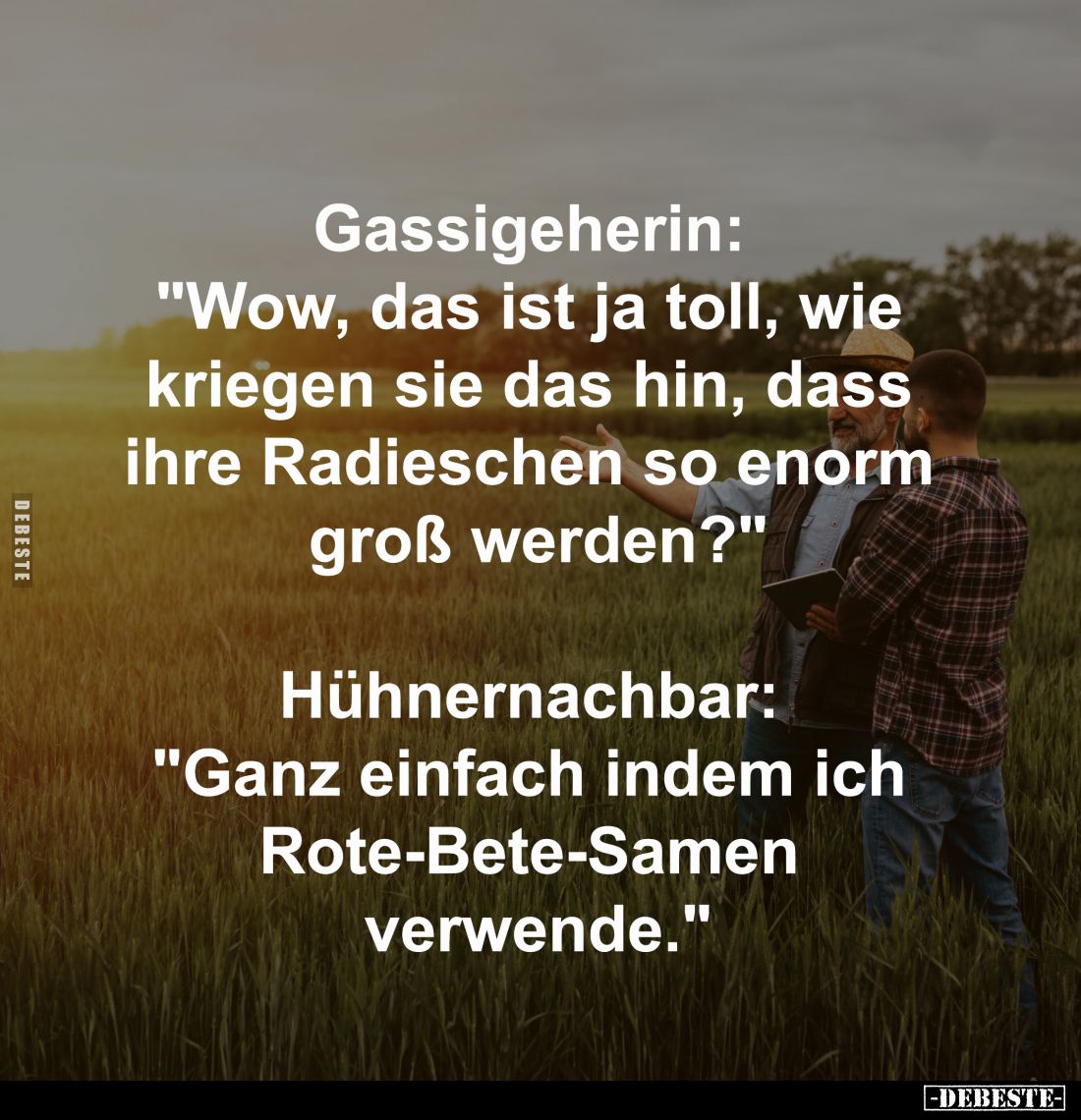 Gassigeherin:
"Wow, das ist ja toll, wie
kriegen sie das hin, dass
ihre Radieschen so enorm
groß werden?"
...