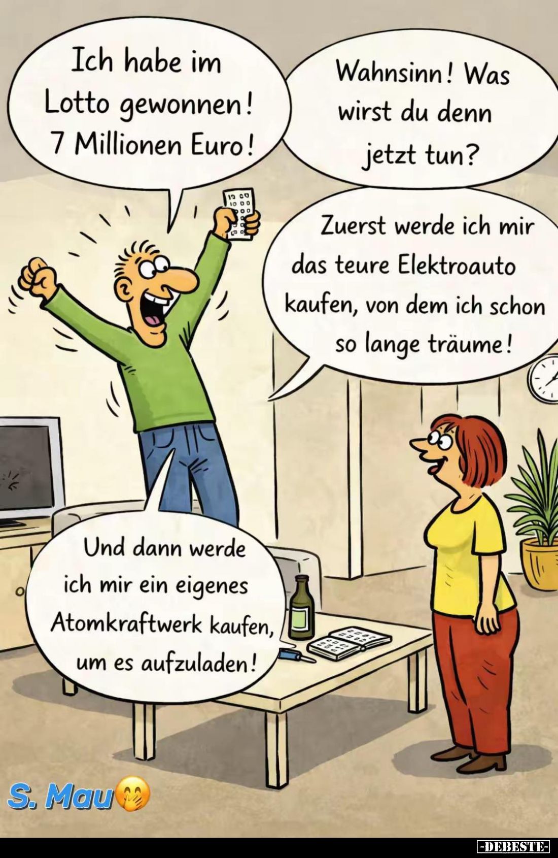 Ich habe im Lotto gewonnen! 7 Millionen Euro!
Wahnsinn! Was wirst du denn jetzt tun?
Zuerst werde ich mir das teure Elektro...