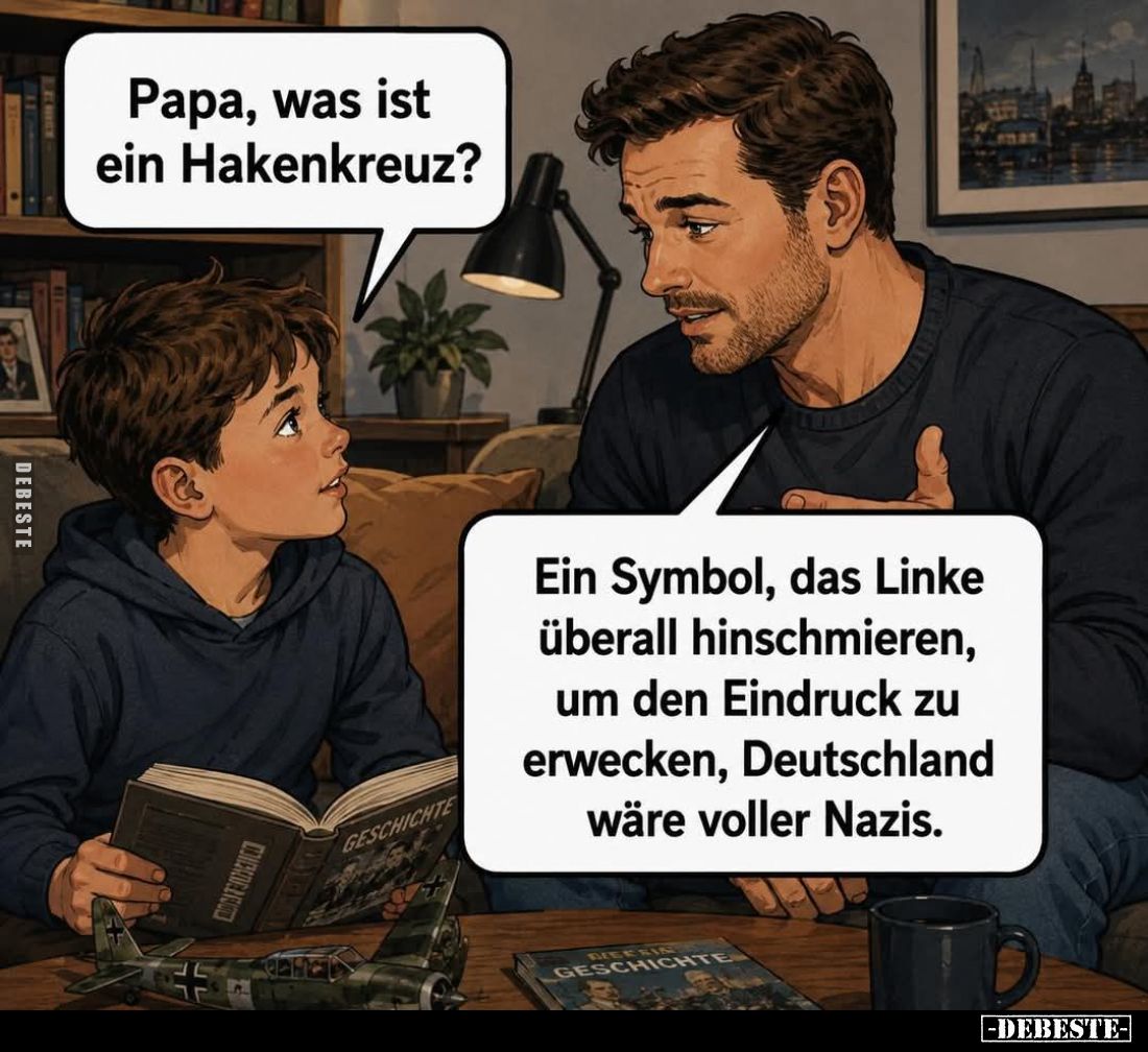 Papa, was ist ein Hakenkreuz? -
Ein Symbol, das Linke überall hinschmieren, um den Eindruck zu erwecken, Deutschland wäre vo...