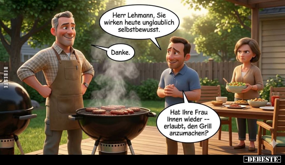 Herr Lehmann, Sie wirken heute unglaublich selbstbewusst. -
Danke. -
Hat Ihre Frau Ihnen wieder erlaubt, den Grill anzumach...