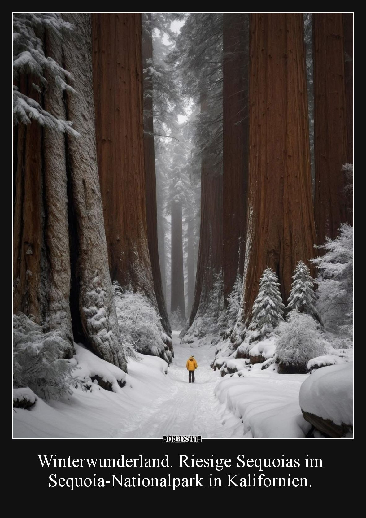 Winterwunderland. Riesige Sequoias im Sequoia-Nationalpark in Kalifornien.
