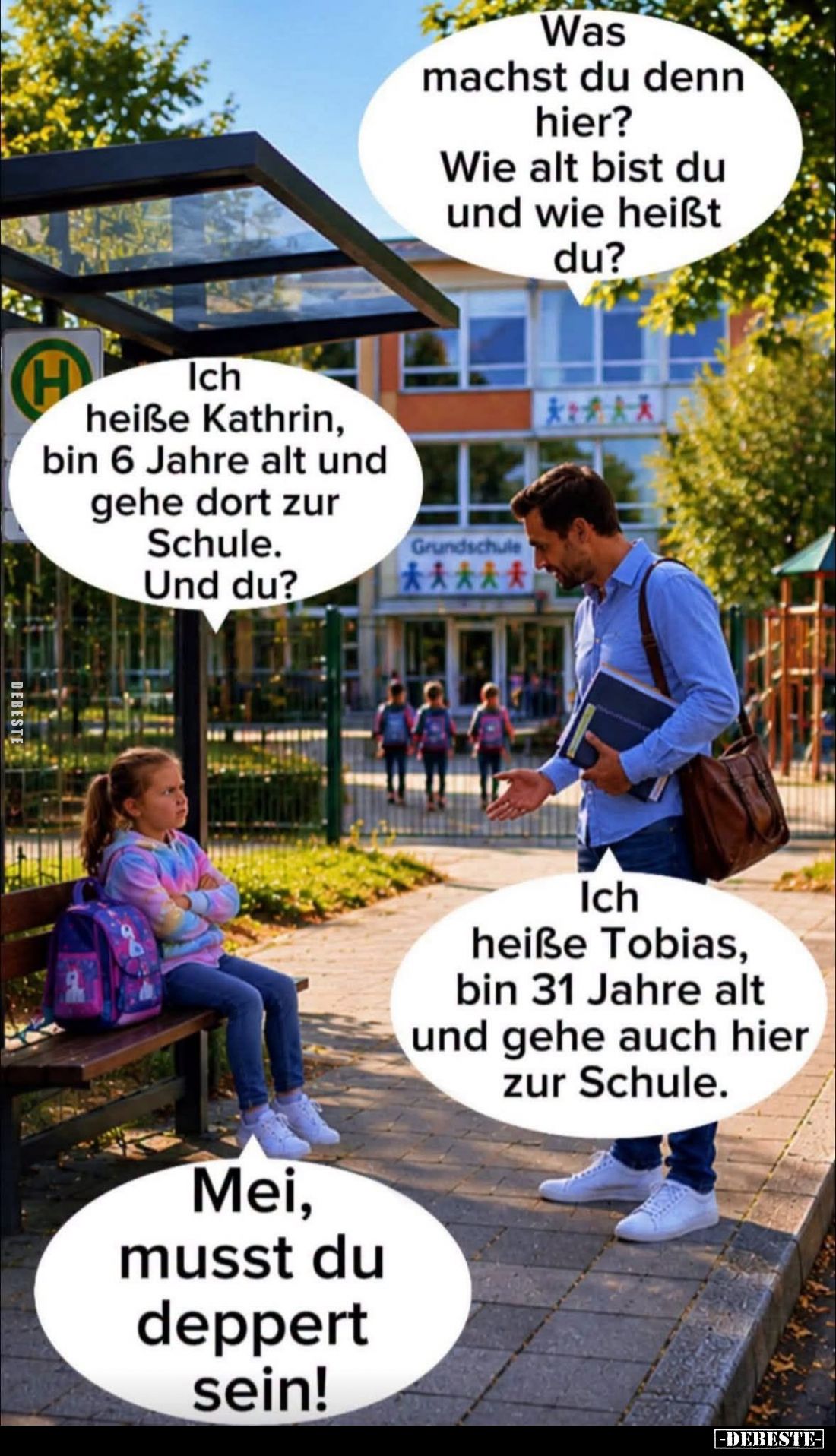 Was machst du denn hier? Wie alt bist du und wie heißt du?
-
Ich heiße Kathrin, bin 6 Jahre alt und gehe dort zur Schule. U...