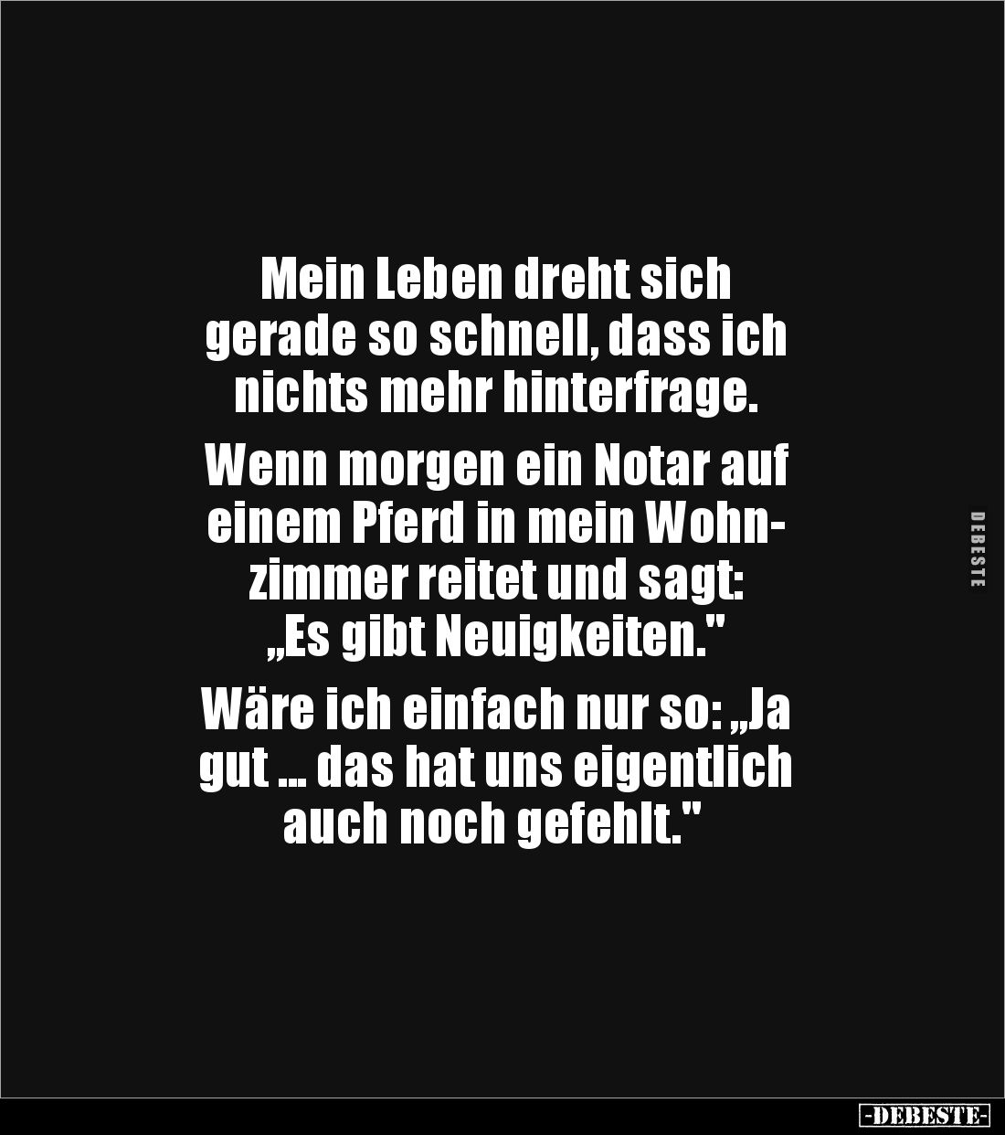 Mein Leben dreht sich
gerade so schnell, dass ich
nichts mehr hinterfrage.
Wenn morgen ein Notar auf
einem Pferd in ...