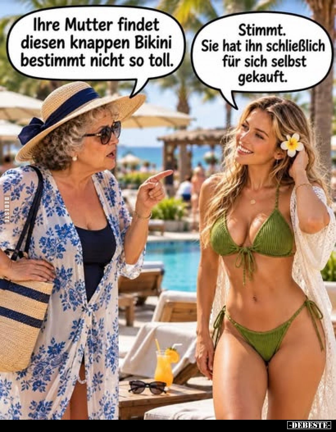 Ihre Mutter findet diesen knappen Bikini bestimmt nicht so toll.
-
Stimmt. Sie hat ihn schließlich für sich selbst gekauft.