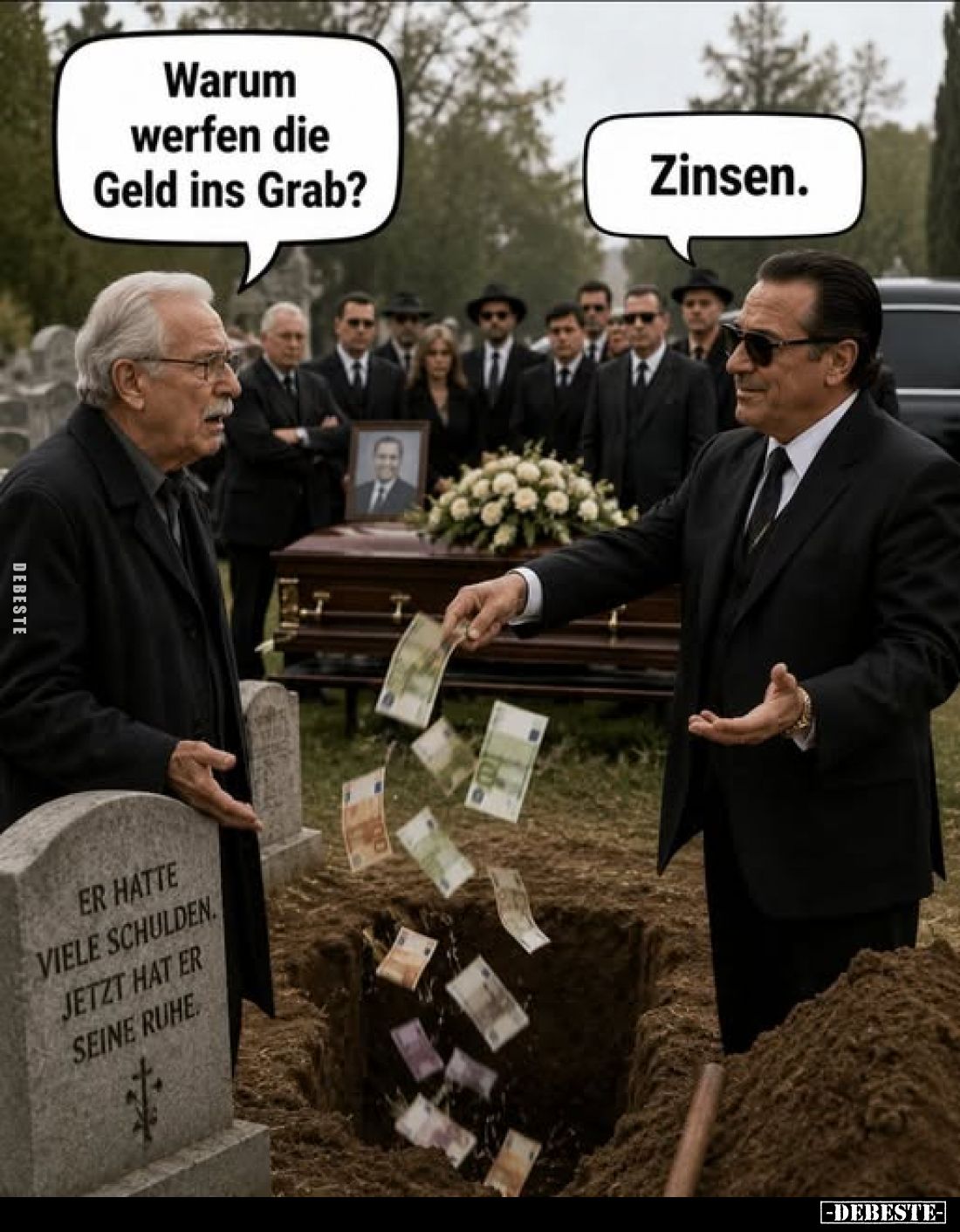 Warum werfen die Geld ins Grab?
Zinsen.
Er hatte viele Schulden. Jetzt hat er seine Ruhe.