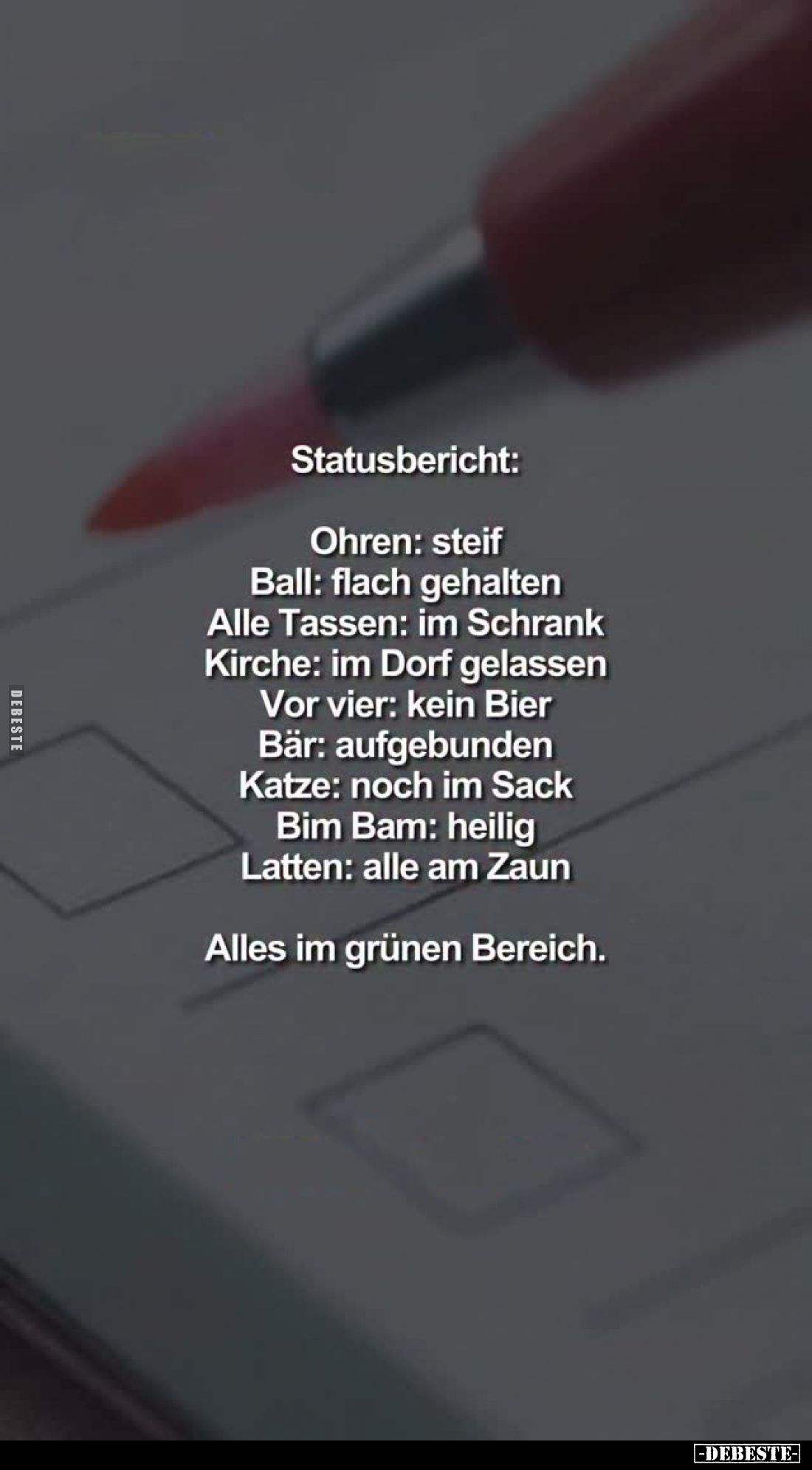 Statusbericht:
Ohren: steif..
Ball: flach gehalten.
Alle Tassen: im Schrank.
Kirche: im Dorf gelassen.
Vor vier: kein Bi...