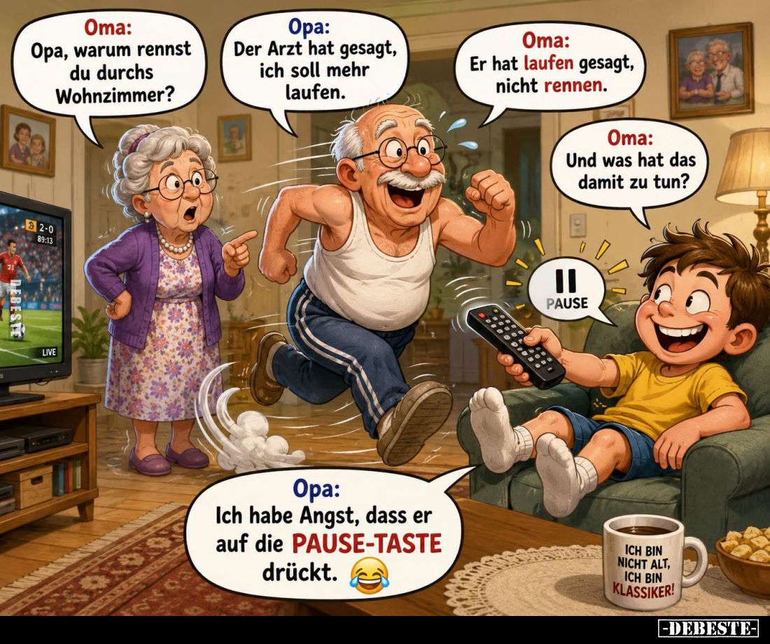 Opa, warum rennst du durchs Wohnzimmer?
-
Der Arzt hat gesagt, ich soll mehr laufen.
-
Er hat laufen gesagt, nicht rennen...