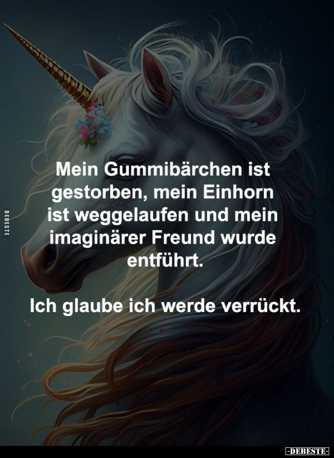 Mein Gummibärchen ist gestorben, 
mein Einhorn ist weggelaufen und 
mein imaginärer Freund wurde 
entführt.

Ich glaube ...