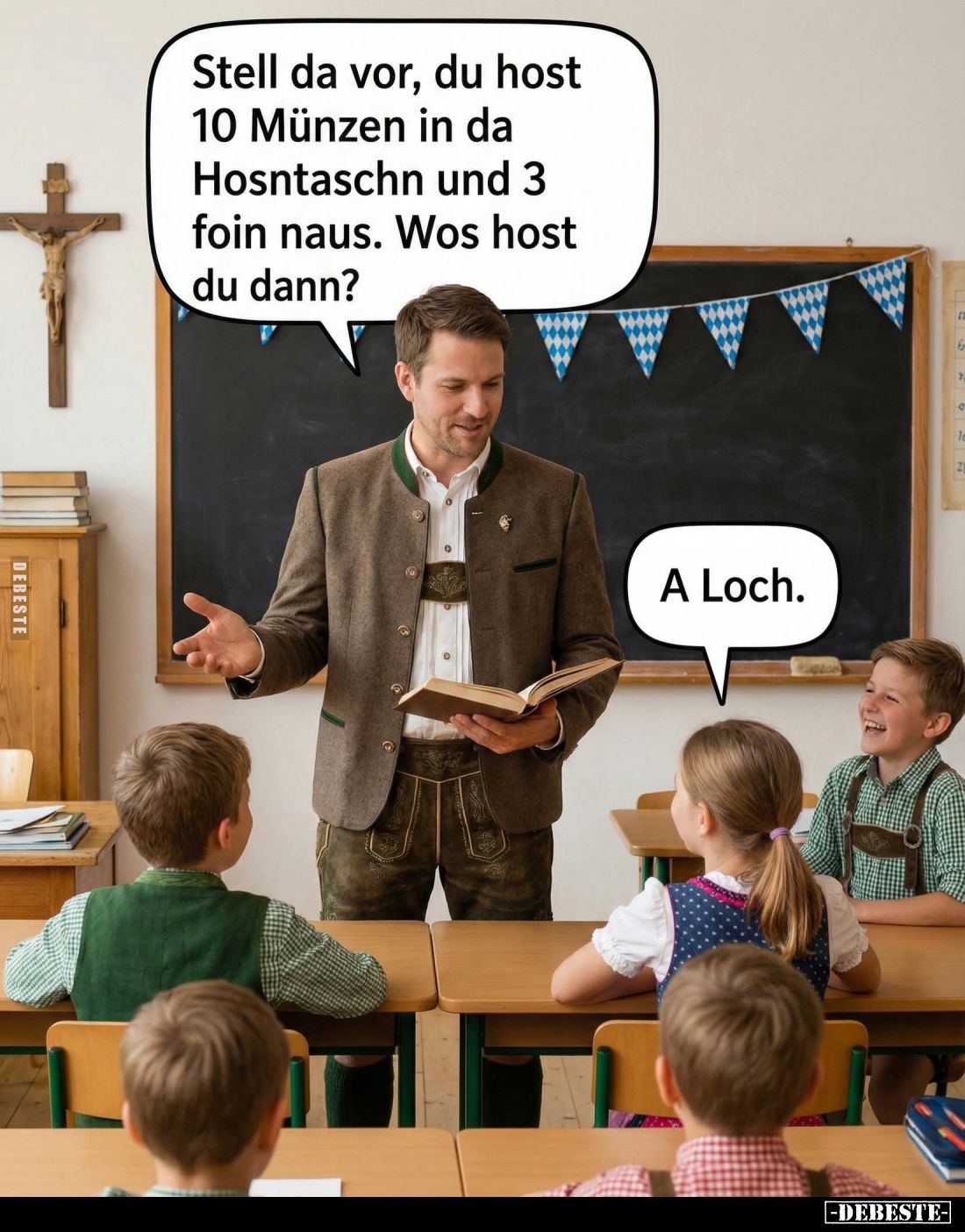 Stell da vor, du host 10 Münzen in da Hosntaschn und 3 foin naus. Wos host du dann?
-
A Loch.