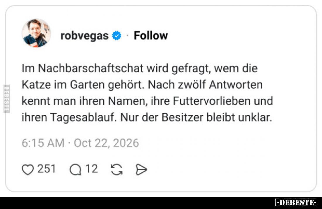 Im Nachbarschaftschat wird gefragt, wem die Katze im Garten gehört.
Nach zwölf Antworten kennt man ihren Namen, ihre Futterv...