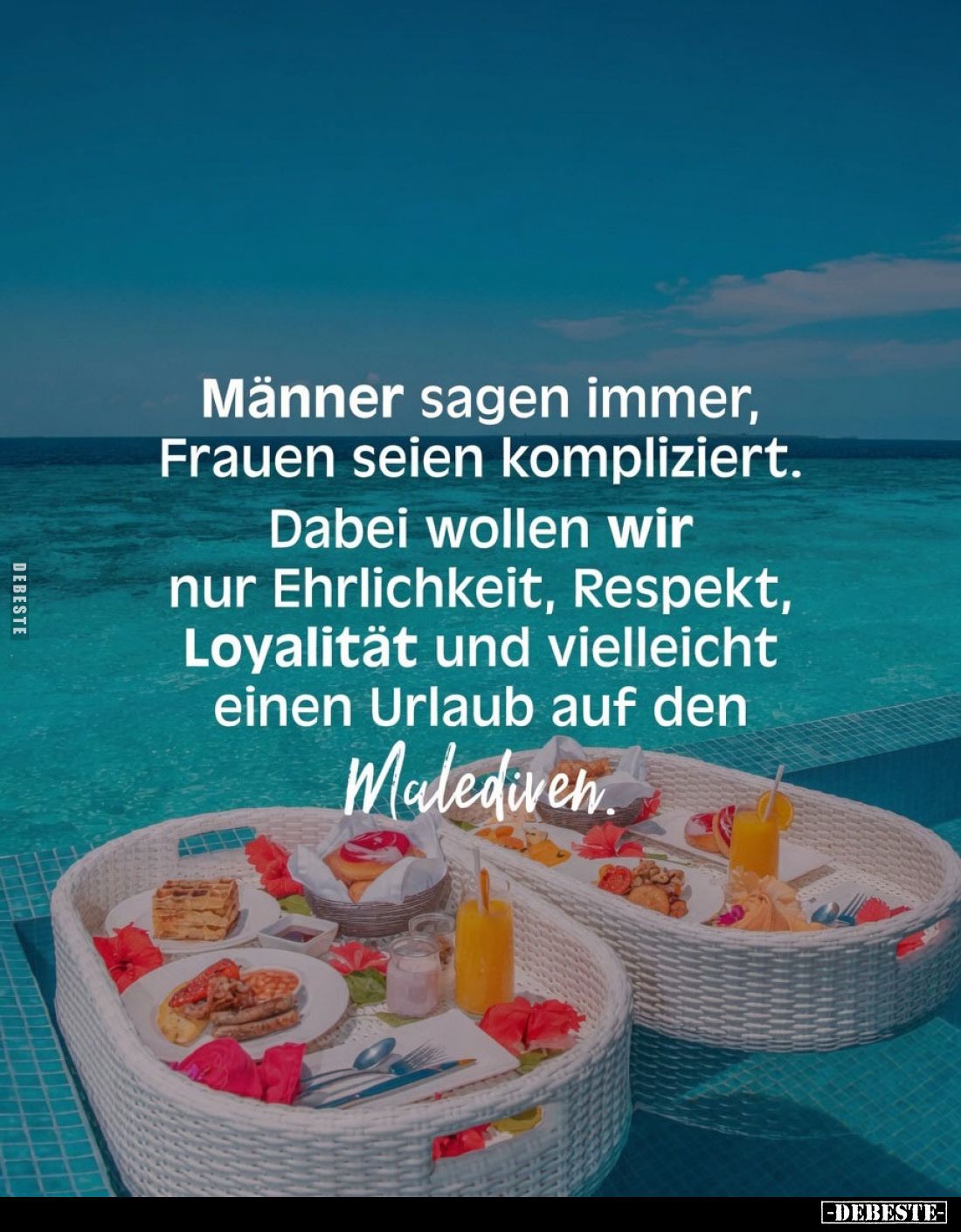 Männer sagen immer, Frauen seien kompliziert.
Dabei wollen wir nur Ehrlichkeit, Respekt, Loyalität und vielleicht einen Urla...