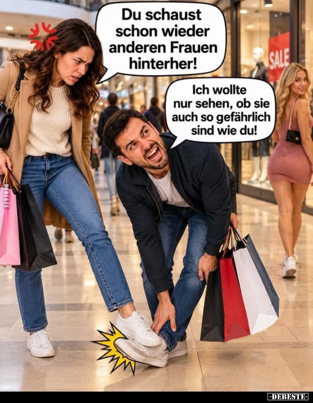 Du schaust schon wieder anderen Frauen hinterher!
-
Ich wollte nur sehen, ob sie auch so gefährlich sind wie du!