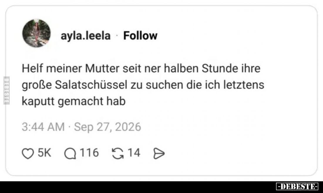 Helf meiner Mutter seit ner halben Stunde ihre große Salatschüssel zu suchen die ich letztens kaputt gemacht hab