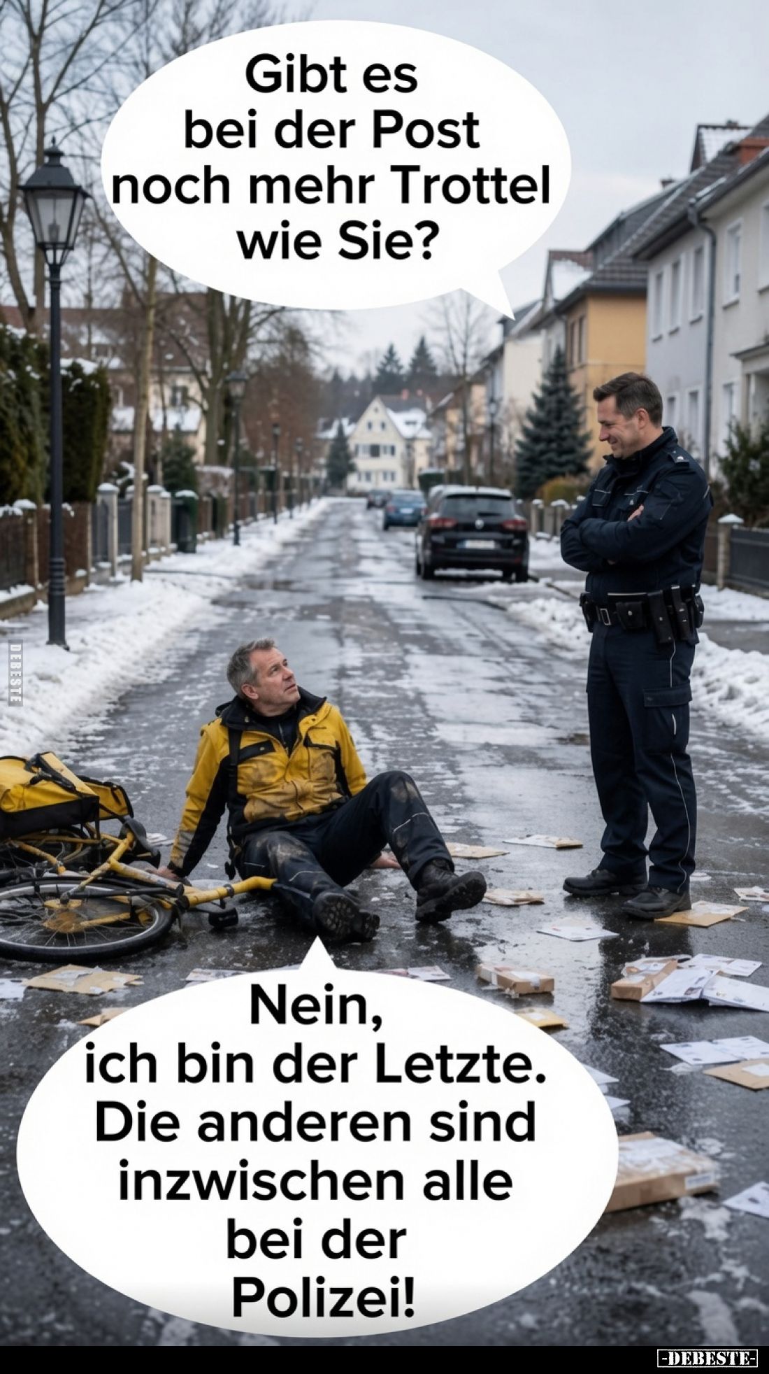 Gibt es bei der Post noch mehr Trottel wie Sie?
Nein, ich bin der Letzte.
Die anderen sind inzwischen alle bei der Polizei!