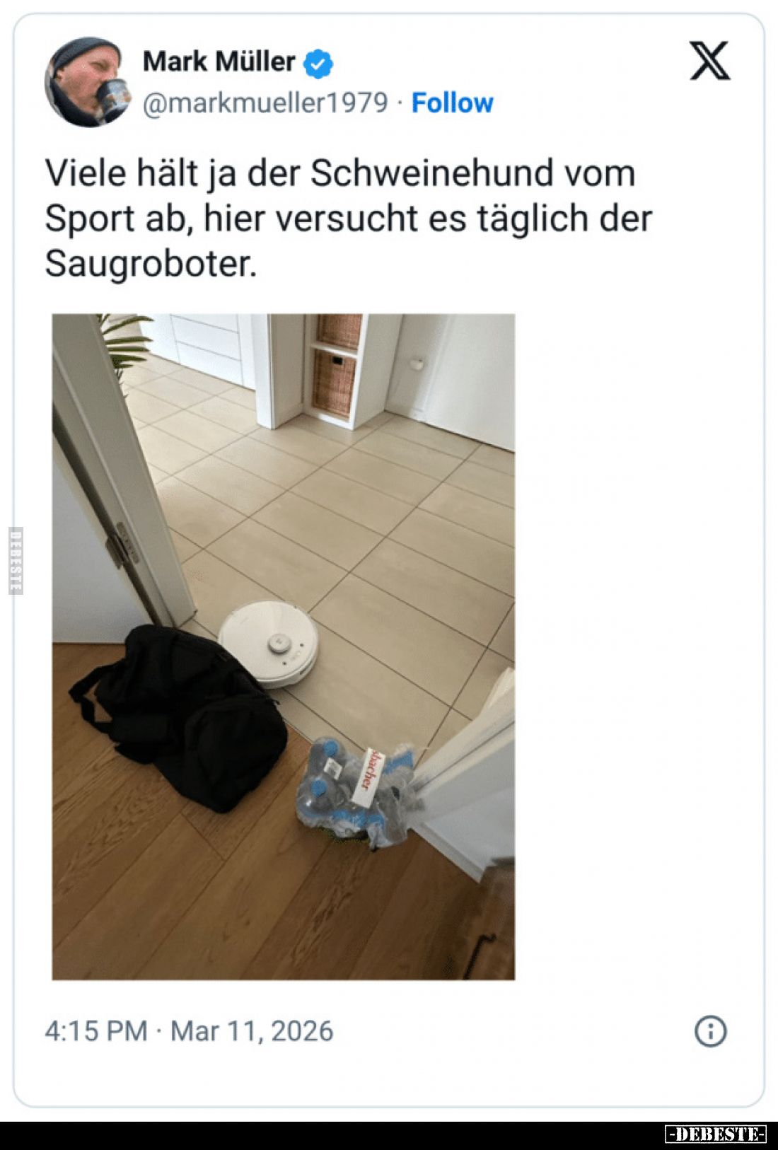 Viele hält ja der Schweinehund vom Sport ab, hier versucht es täglich der Saugroboter.