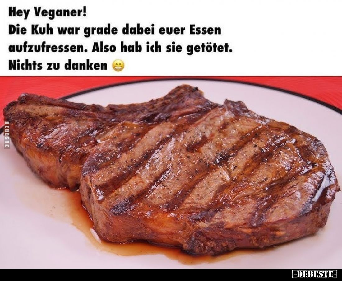 Hey Veganer!
Die Kuh war grade dabei euer Essen aufzufressen. Also hab ich sie getötet. Nichts zu danken