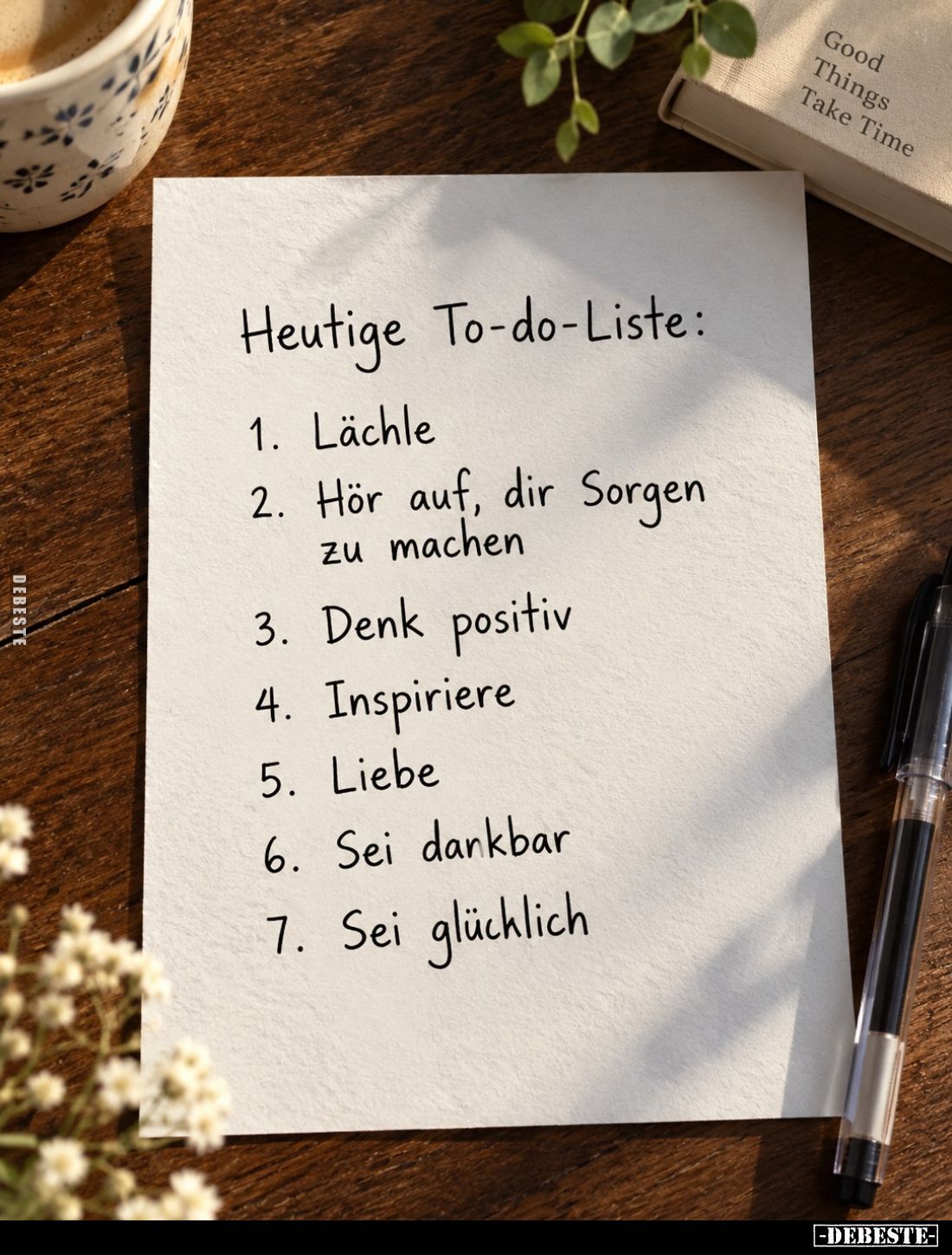 Heutige To-do-Liste:
1. Lächle
2. Hör auf, dir Sorgen zu machen
3. Denk positiv
4. Inspiriere
5. Liebe
6. Sei dankbar
...