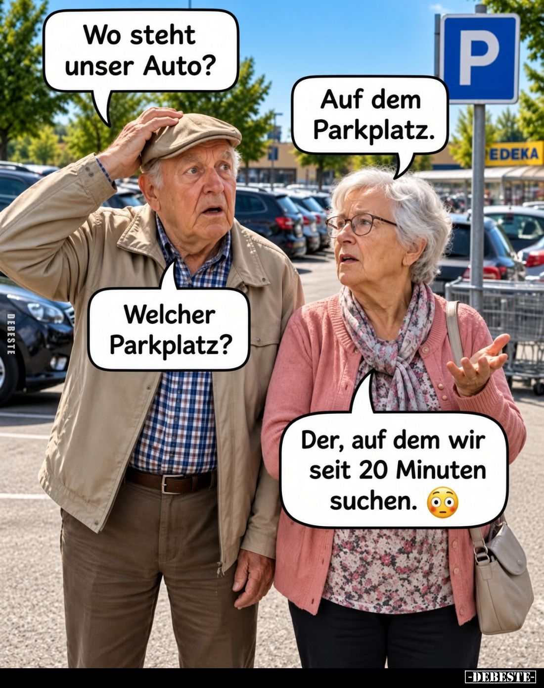 Wo steht unser Auto?
-
Auf dem Parkplatz.
-
Welcher Parkplatz?
-
Der, auf dem wir seit 20 Minuten suchen.