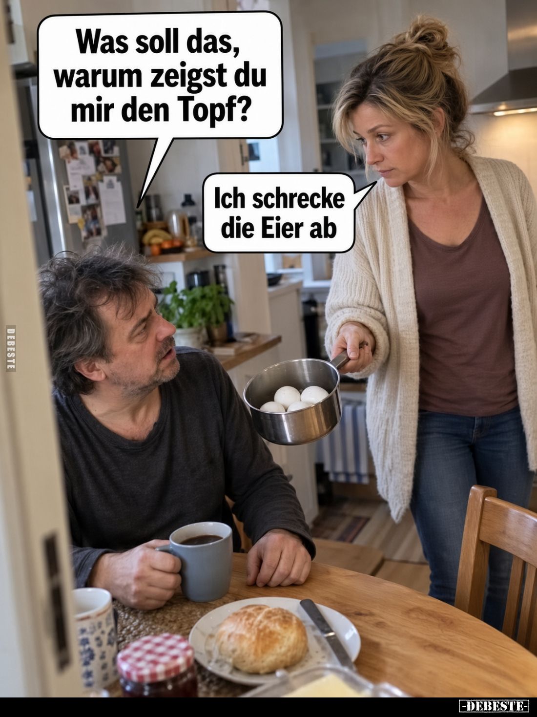 Was soll das, warum zeigst du mir den Topf? Ich schrecke die Eier ab.