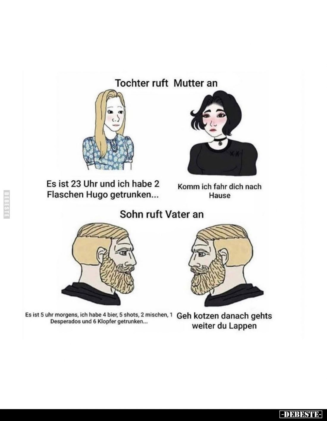 Tochter ruft Mutter an:
Es ist 23 Uhr und ich habe 2 Flaschen Hugo getrunken...
Komm ich fahr dich nach Hause.
Sohn ruft V...