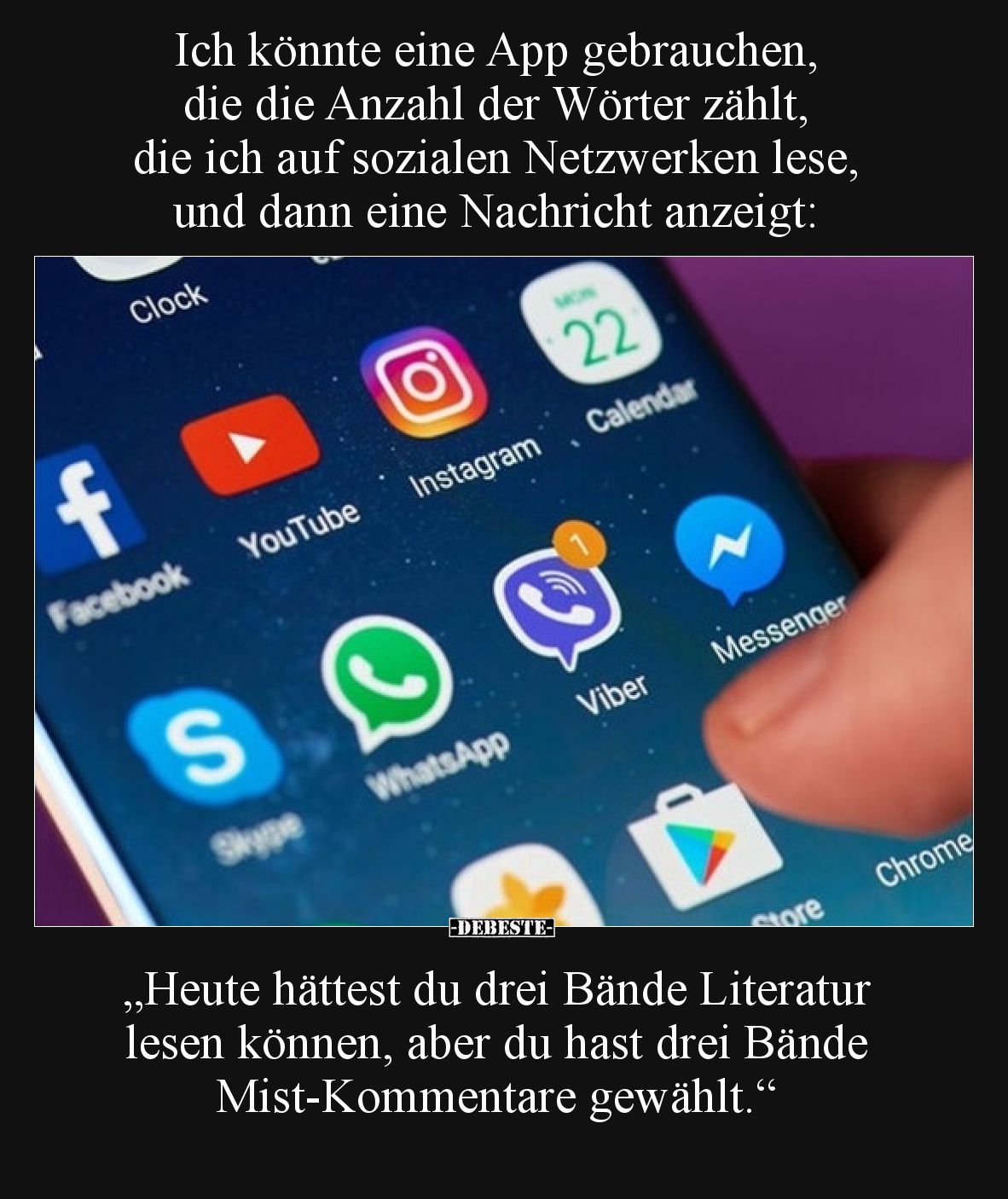 Ich könnte eine App gebrauchen, die die Anzahl der Wörter zählt, die ich auf sozialen Netzwerken lese, und dann eine Nachrich...