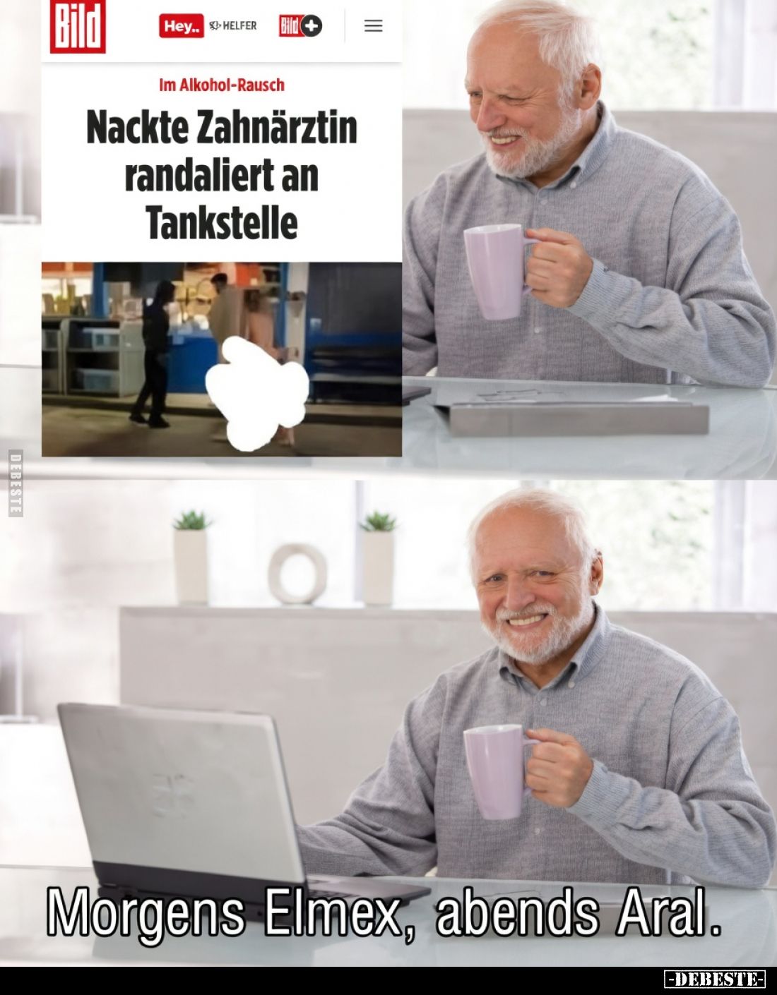 Im Alkohol-Rausch.
Nackte Zahnärztin
randaliert an
Tankstelle.
Morgens Elmex, abends Aral.