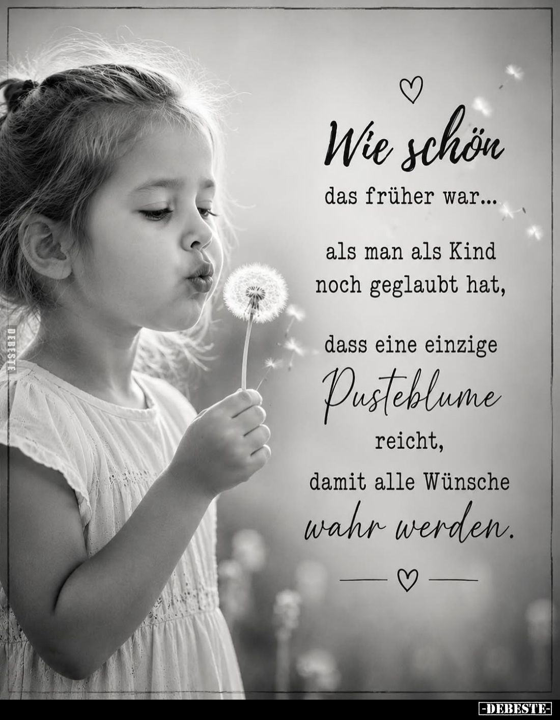 Wie schön
das früher war...
als man als Kind noch geglaubt hat,
dass eine einzige
Pusteblume reicht,
damit alle Wünsche ...