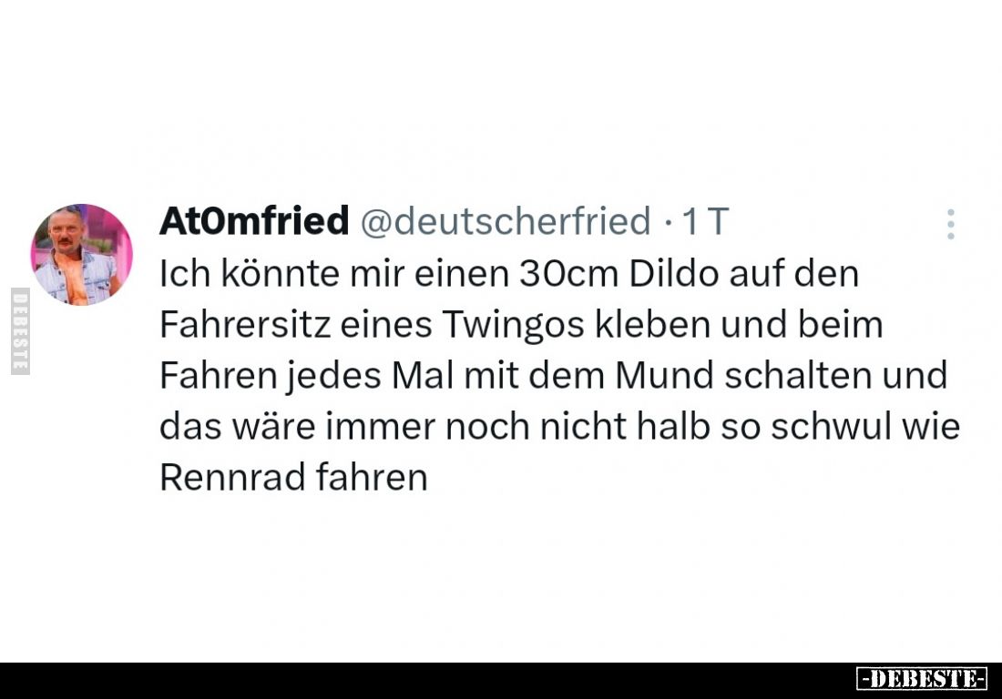 Ich könnte mir einen 30cm Dildo auf den Fahrersitz eines Twingos kleben und beim Fahren jedes Mal mit dem Mund schalten und d...