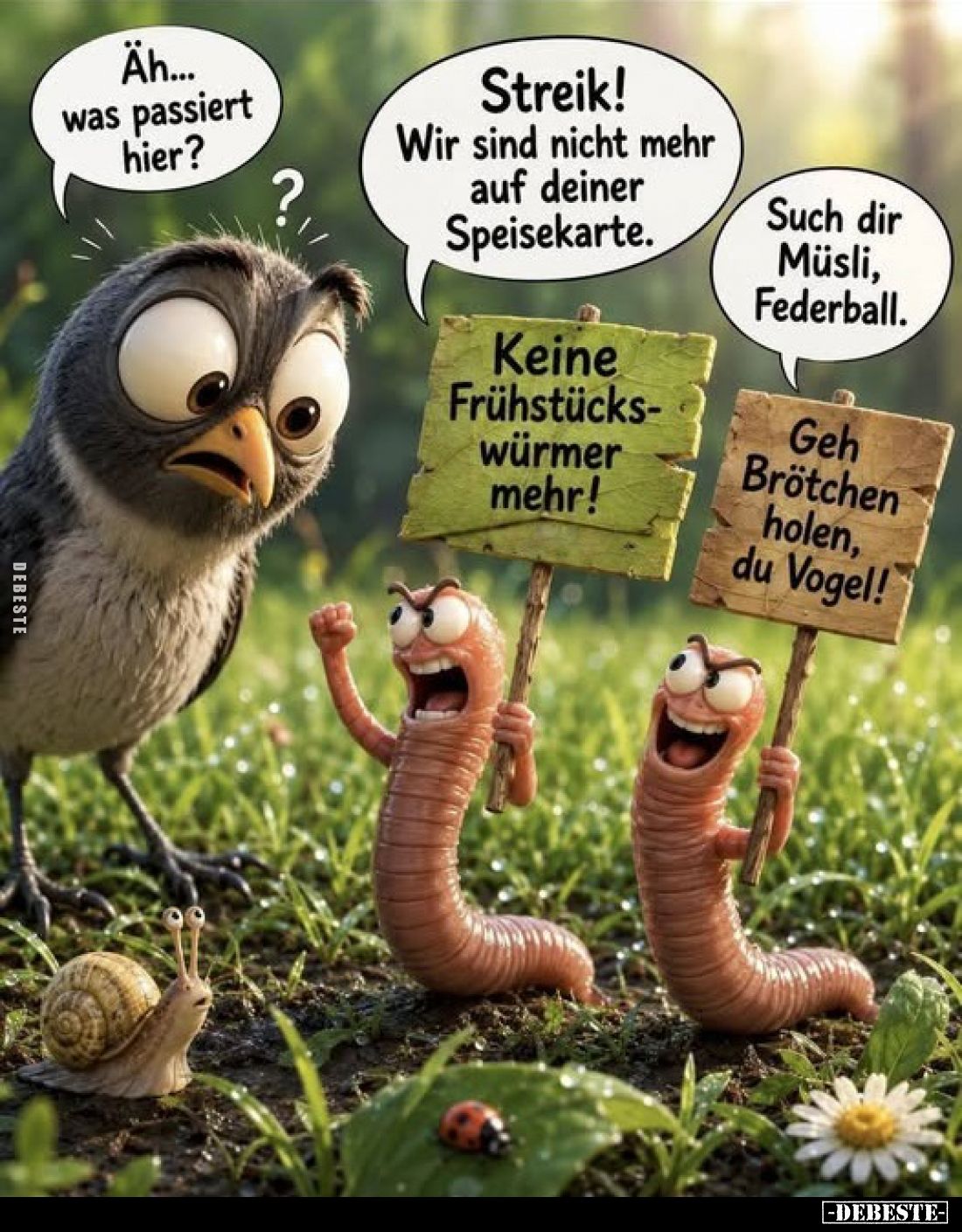 Äh... was passiert hier?
Streik! Wir sind nicht mehr auf deiner Speisekarte.
Keine Frühstückswürmer mehr!
Such dir Müsli, ...