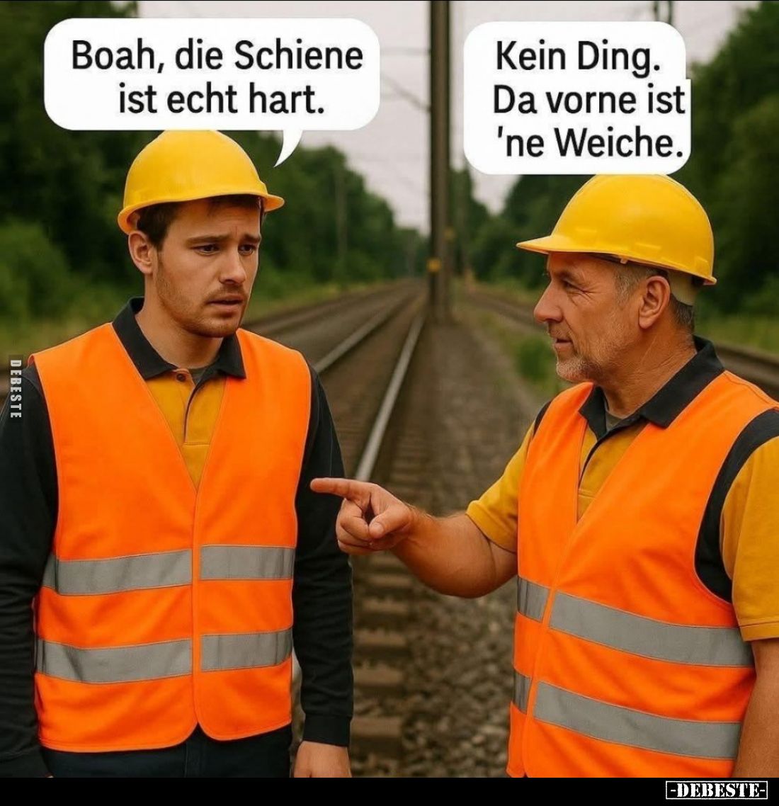 Boah, die Schiene ist echt hart. -
Kein Ding. Da vorne ist 'ne Weiche.