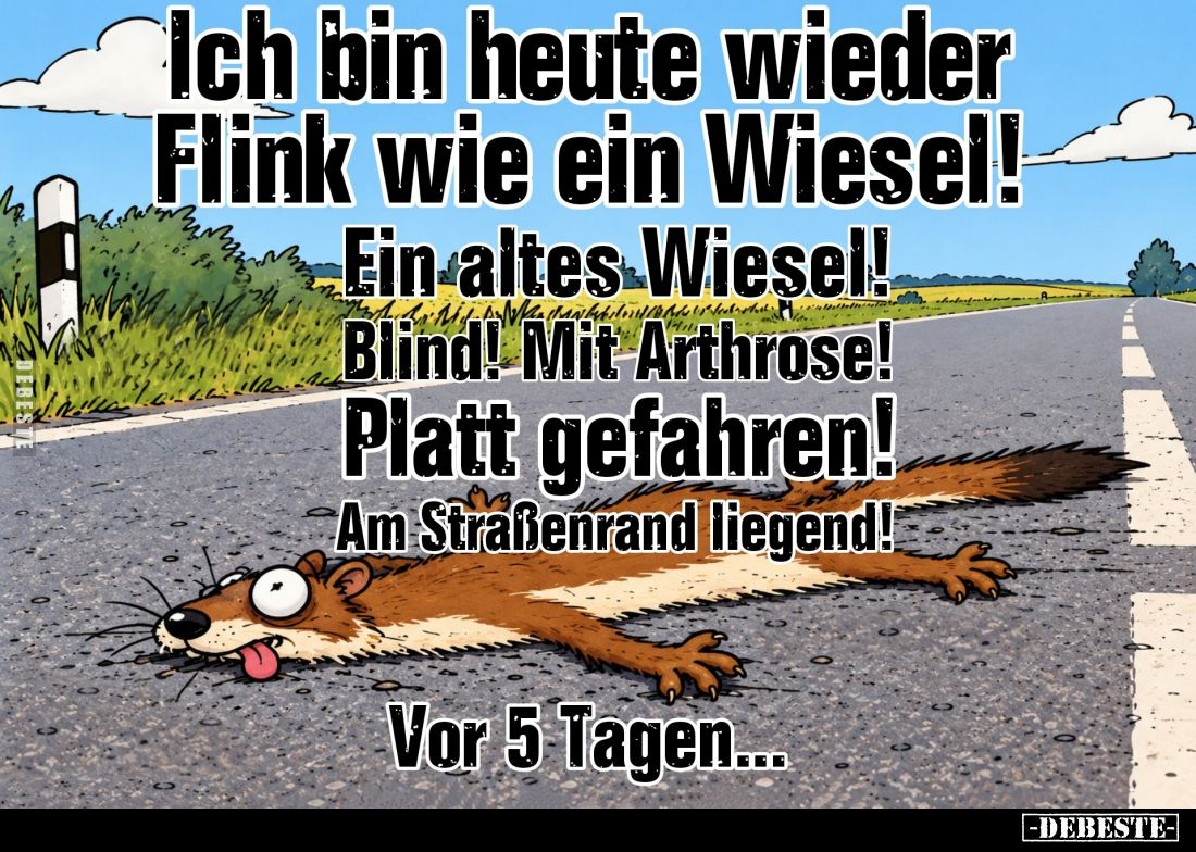 Ich bin heute wieder Flink wie ein Wiesel!
Ein altes Wiesel! Blind! Mit Arthrose! Platt gefahren!
Am Straßenrand liegend!
