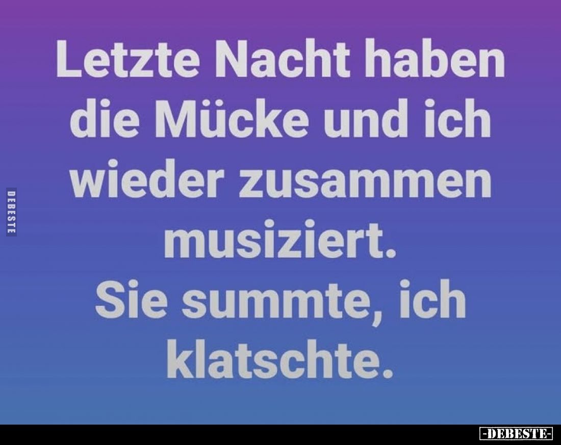 Letzte Nacht haben die Mücke und ich wieder zusammen musiziert.
Sie summte, ich klatschte.