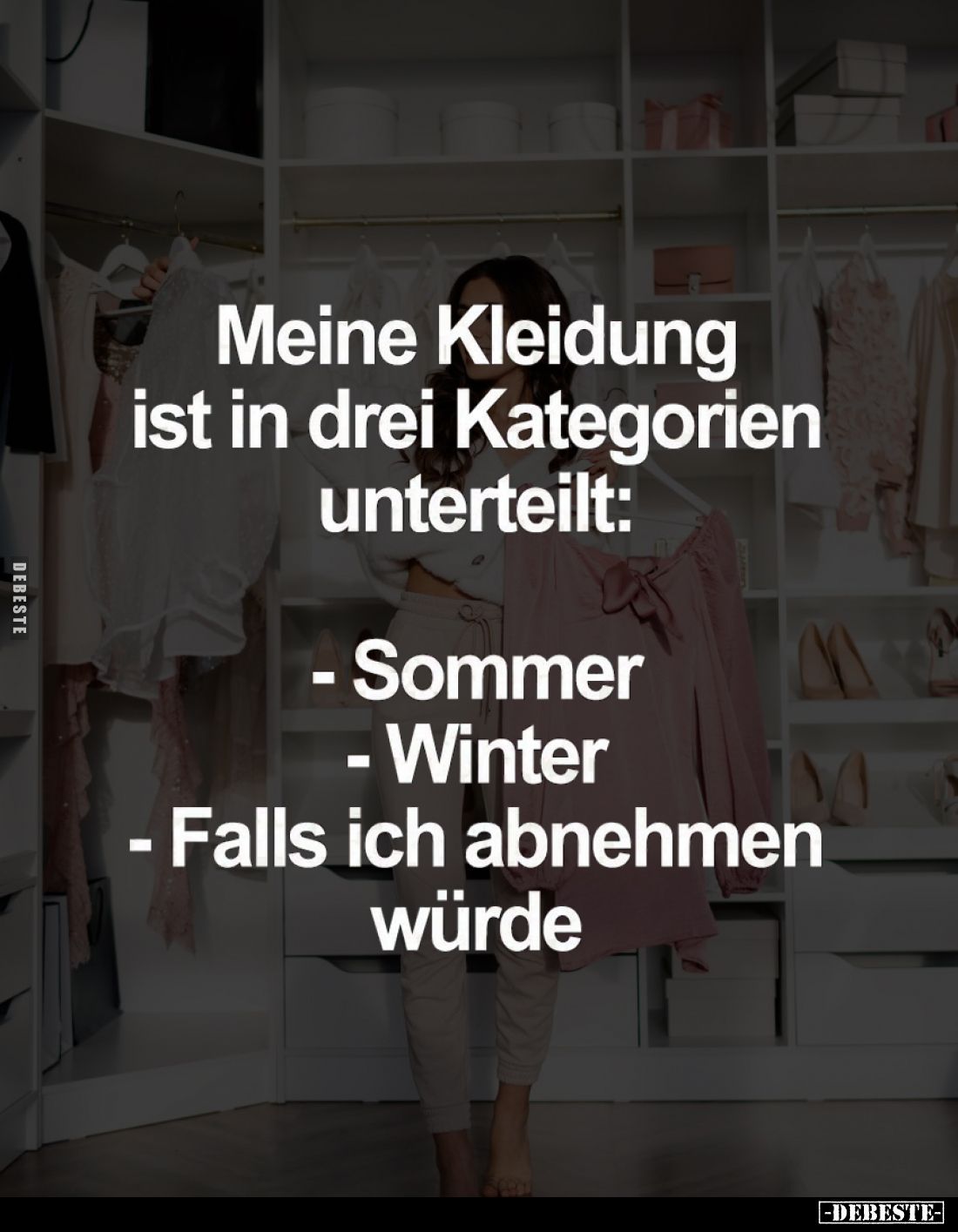 Meine Kleidung ist in drei Kategorien unterteilt:
- Sommer
- Winter
- Falls ich abnehmen würde.