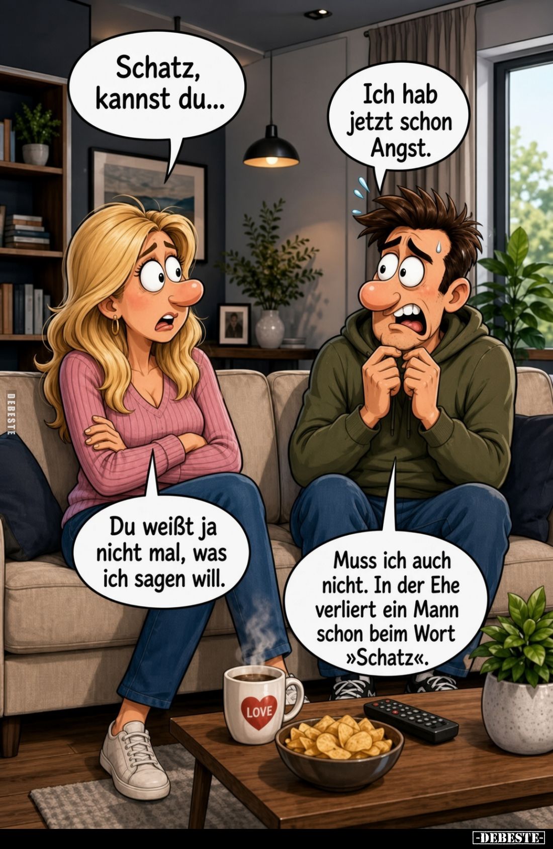 Schatz, kannst du...
Ich hab jetzt schon Angst.

Du weißt ja nicht mal, was ich sagen will.
Muss ich auch nicht. In der E...