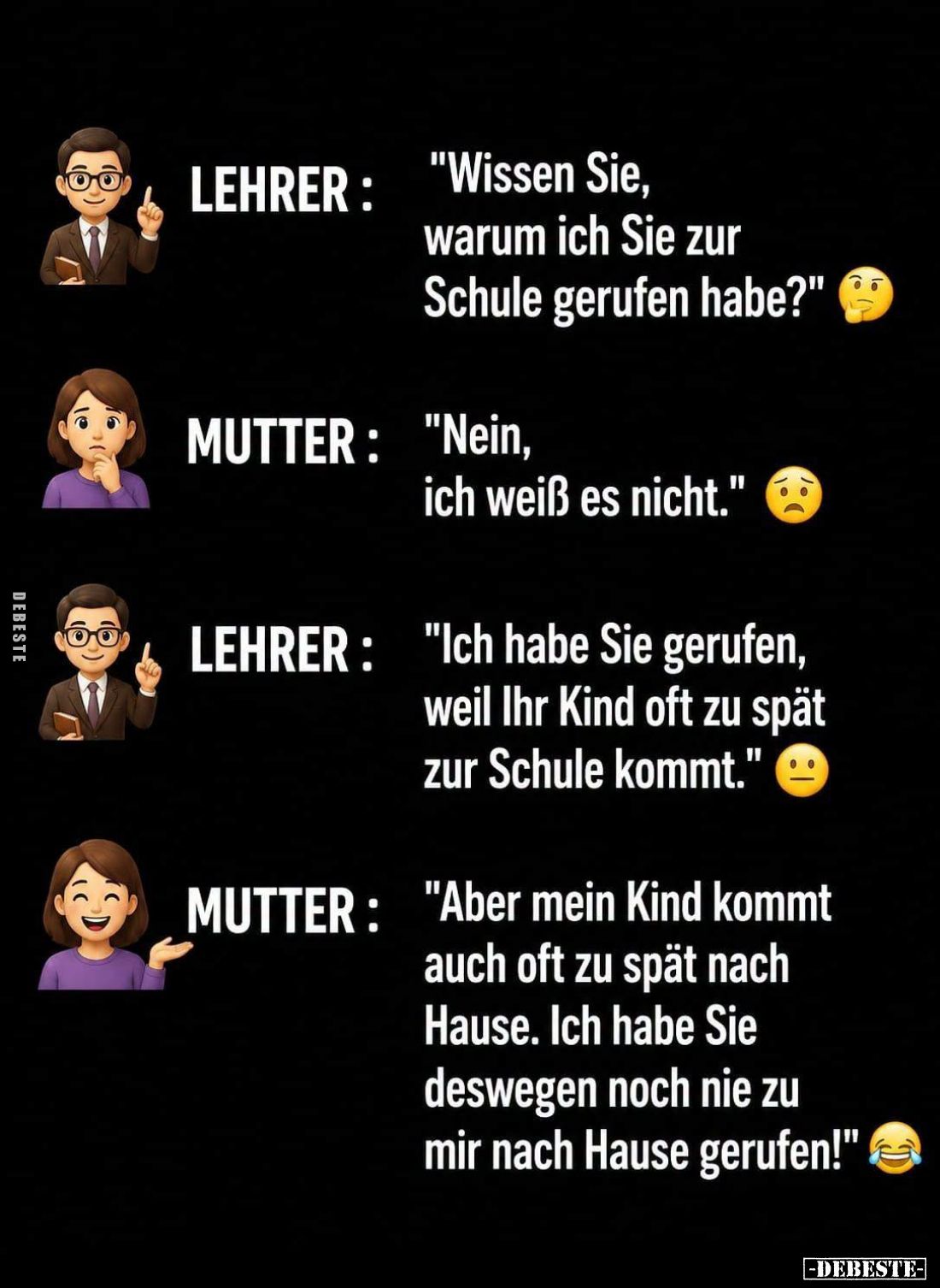 "Wissen Sie, warum ich Sie zur Schule gerufen habe?"

- "Nein, ich weiß es nicht."

- "Ich habe ...