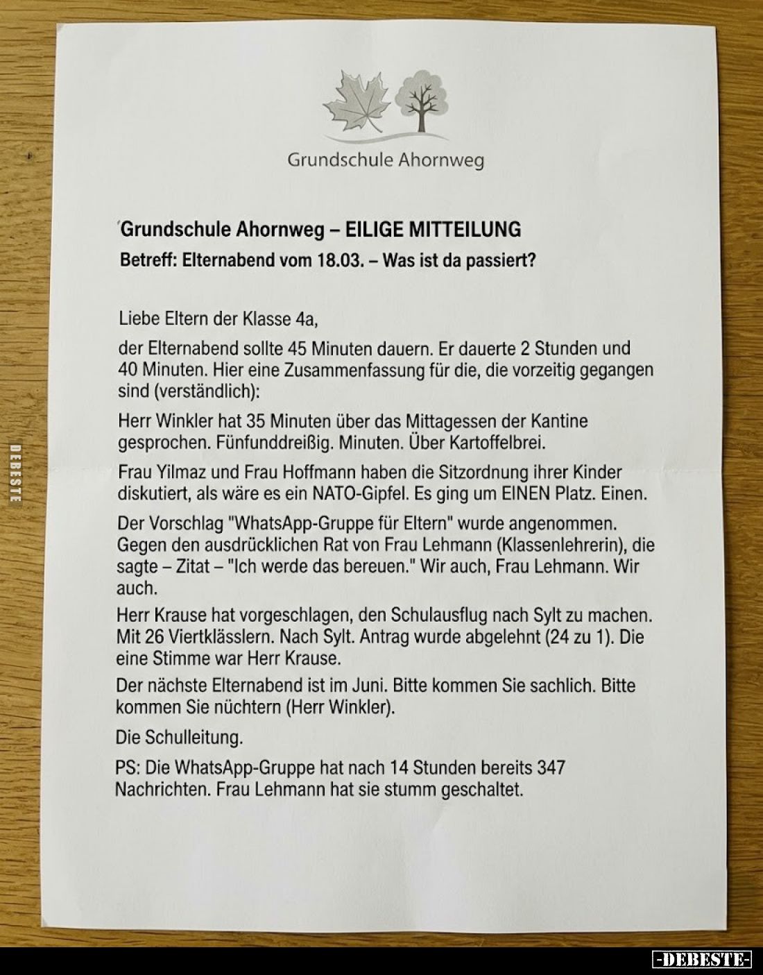 Grundschule Ahornweg - EILIGE MITTEILUNG.
Betreff: Elternabend vom 18.03. - Was ist da passiert?
Liebe Eltern der Klasse 4a...