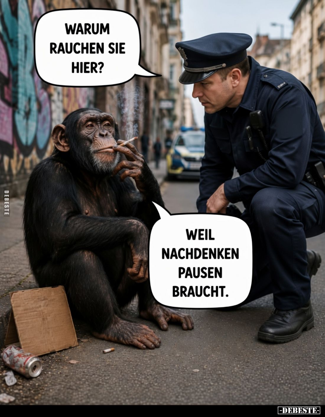 Warum rauchen Sie hier?

 - Weil Nachdenken Pausen braucht.

 - Kein Plan aber entspannt.