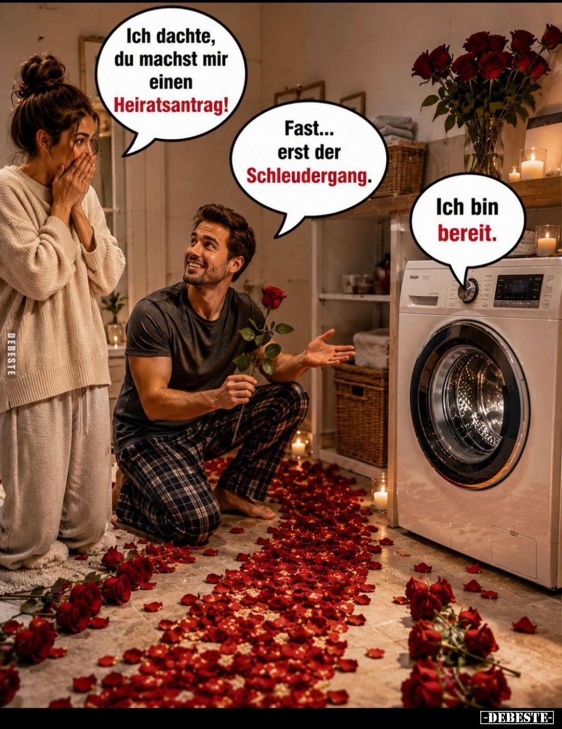 Ich dachte, du machst mir einen Heiratsantrag! -
Fast... erst der Schleudergang. -
Ich bin bereit.