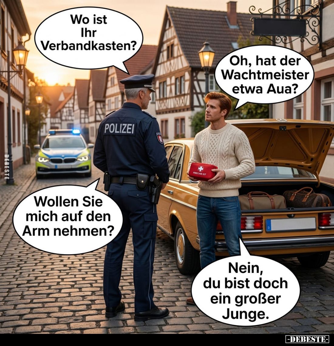 Wo ist Ihr Verbandkasten?
-
Oh, hat der Wachtmeister etwa Aua?
-
Wollen Sie mich auf den Arm nehmen? -
Nein, du bist doc...