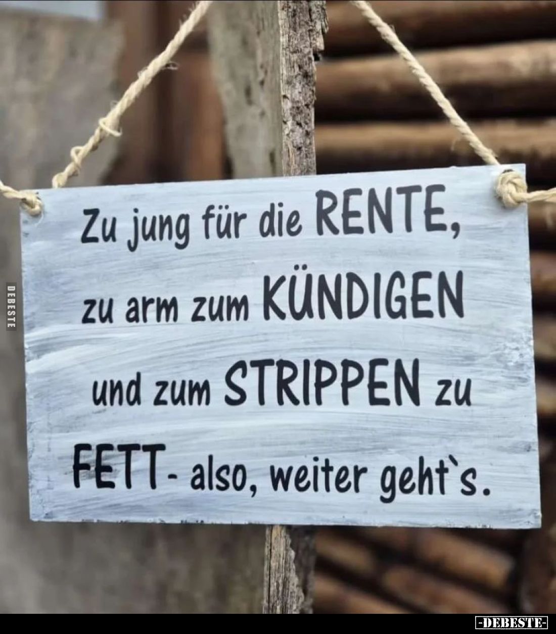 Zu jung für die RENTE, zu arm zum KÜNDIGEN und zum STRIPPEN zu FETT- also, weiter geht's.