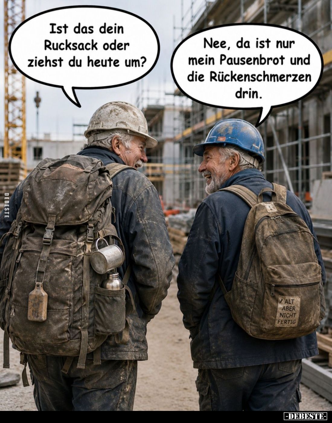 Ist das dein Rucksack oder ziehst du heute um? -
Nee, da ist nur mein Pausenbrot und die Rückenschmerzen drin.