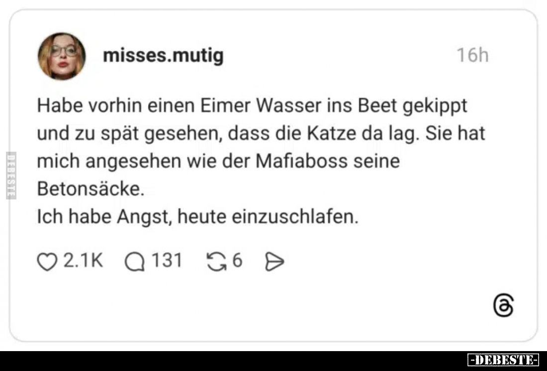Habe vorhin einen Eimer Wasser ins Beet gekippt und zu spät gesehen, dass die Katze da lag. Sie hat mich angesehen wie der Ma...